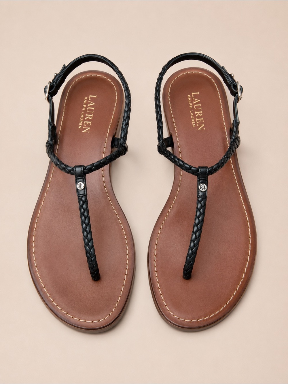 Ralph Lauren Black Braided Leather Sandals Thong Flat Size 7.5